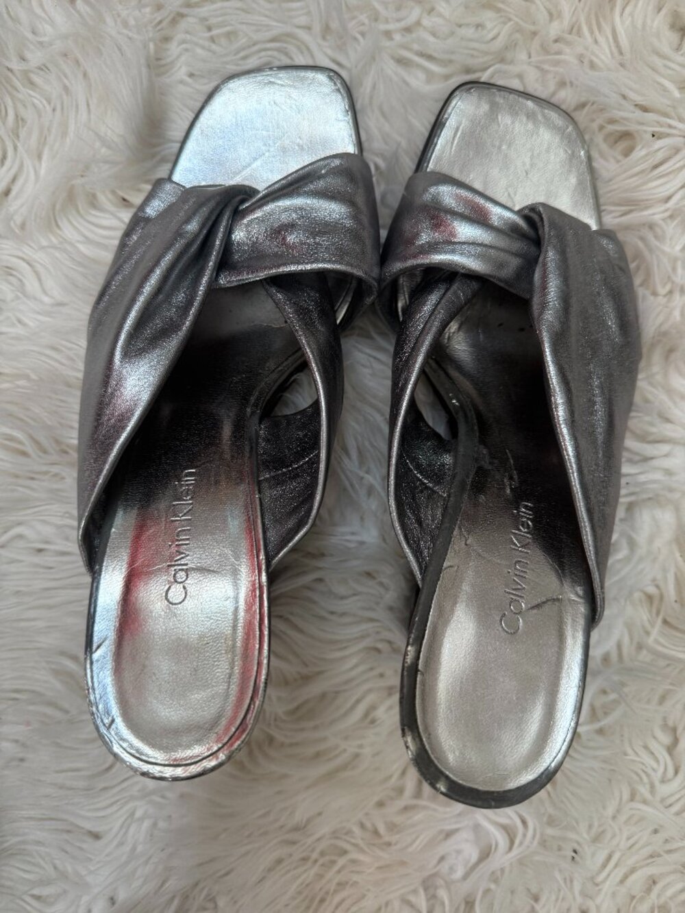 Vintage 90's Size 6 Calvin Klein Silver Sandals ~ Cut Out Wedge Heel